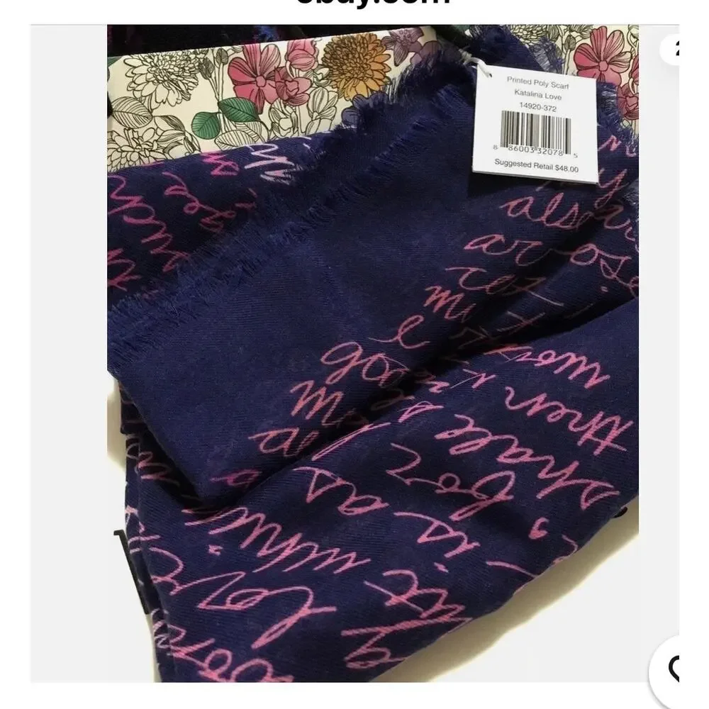 Vera Bradley Printed Poly Scarf-Katina Love-Navy Blue/Pink Script-76x36-NEW-1053
